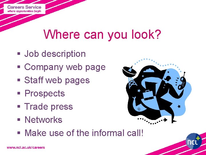 Where can you look? § § § § Job description Company web page Staff