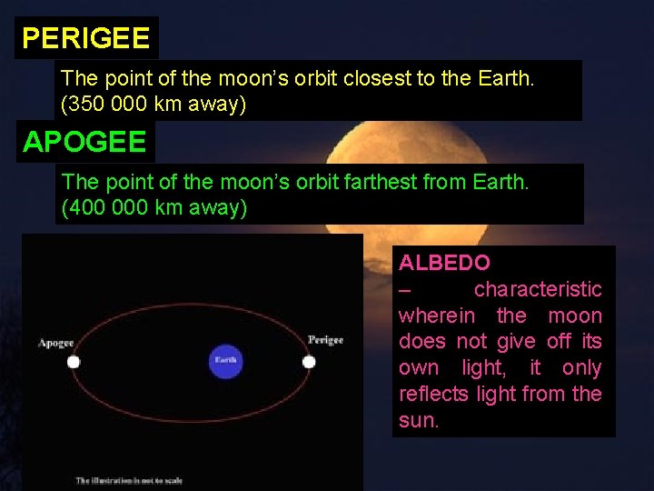 PERIGEE The point of the moon’s orbit closest to the Earth. (350 000 km