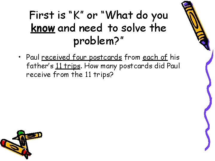 First is “K” or “What do you know and need to solve the problem?