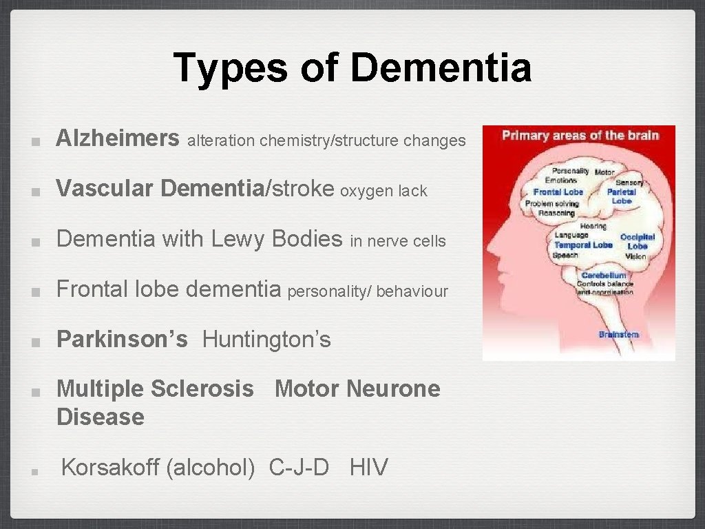 Types of Dementia Alzheimers alteration chemistry/structure changes Vascular Dementia/stroke oxygen lack Dementia with Lewy