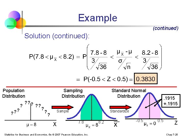 Example (continued) Solution (continued): Population Distribution ? ? ? Sampling Distribution Standard Normal Distribution
