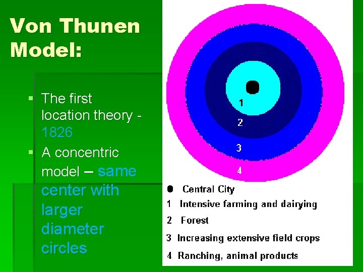 Von Thunen Model: § The first location theory 1826 § A concentric model –
