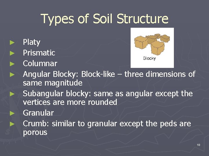 Types of Soil Structure ► ► ► ► Platy Prismatic Columnar Angular Blocky: Block-like