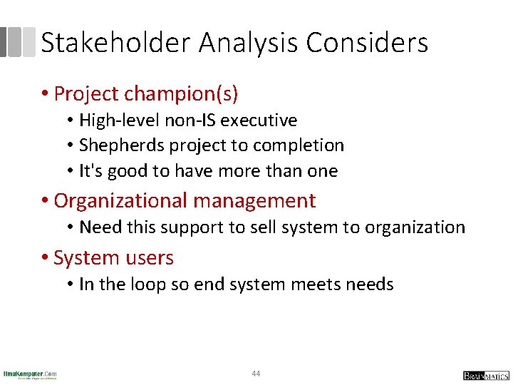 Stakeholder Analysis Considers • Project champion(s) • High-level non-IS executive • Shepherds project to