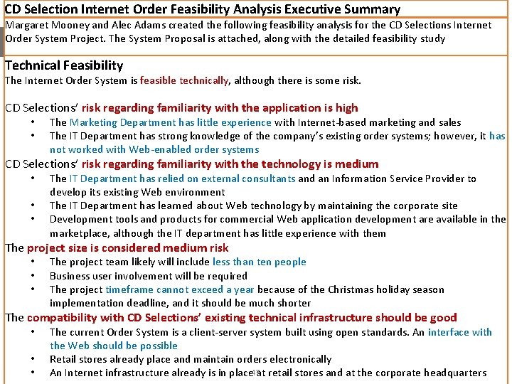 CD Selection Internet Order Feasibility Analysis Executive Summary Margaret Mooney and Alec Adams created