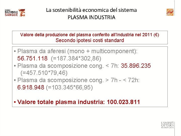 La sostenibilità economica del sistema PLASMA INDUSTRIA Valore della produzione del plasma conferito all’Industria