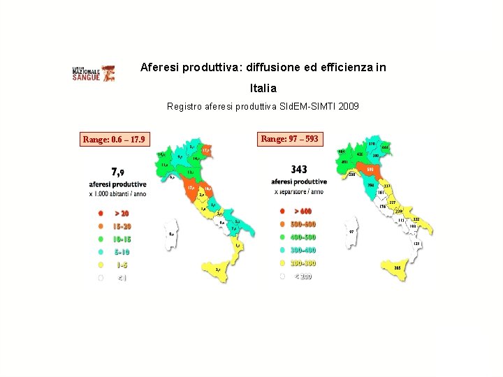 Aferesi produttiva: diffusione ed efficienza in Italia Registro aferesi produttiva SId. EM-SIMTI 2009 Range: