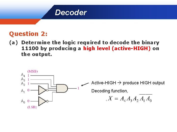 Decoder Company LOGO Question 2: (a) Determine the logic required to decode the binary