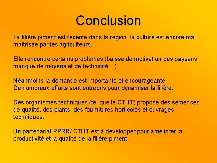 Conclusion La filière piment est récente dans la région, la culture est encore mal