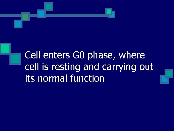 Cell enters G 0 phase, where cell is resting and carrying out its normal