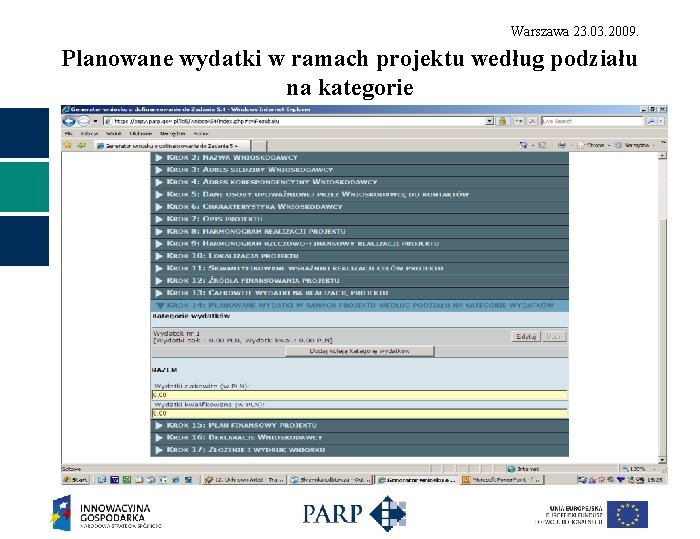 Warszawa 23. 03. 2009. Planowane wydatki w ramach projektu według podziału na kategorie 
