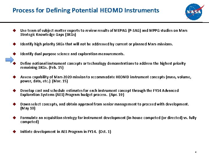 Process for Defining Potential HEOMD Instruments u Use team of subject matter experts to