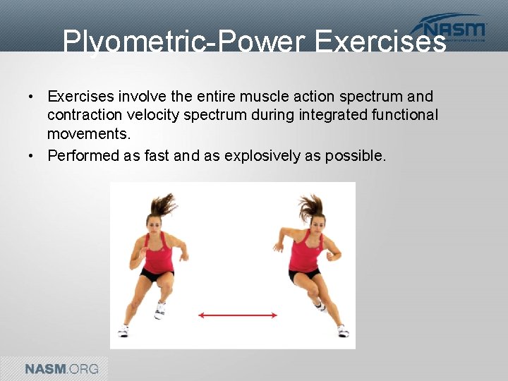 Plyometric-Power Exercises • Exercises involve the entire muscle action spectrum and contraction velocity spectrum