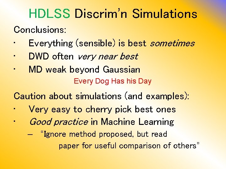 HDLSS Discrim’n Simulations Conclusions: • Everything (sensible) is best sometimes • DWD often very