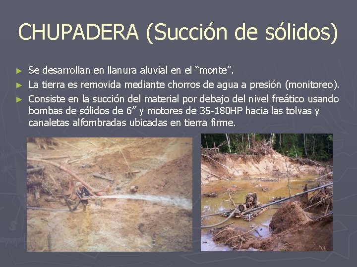 CHUPADERA (Succión de sólidos) Se desarrollan en llanura aluvial en el “monte”. ► La