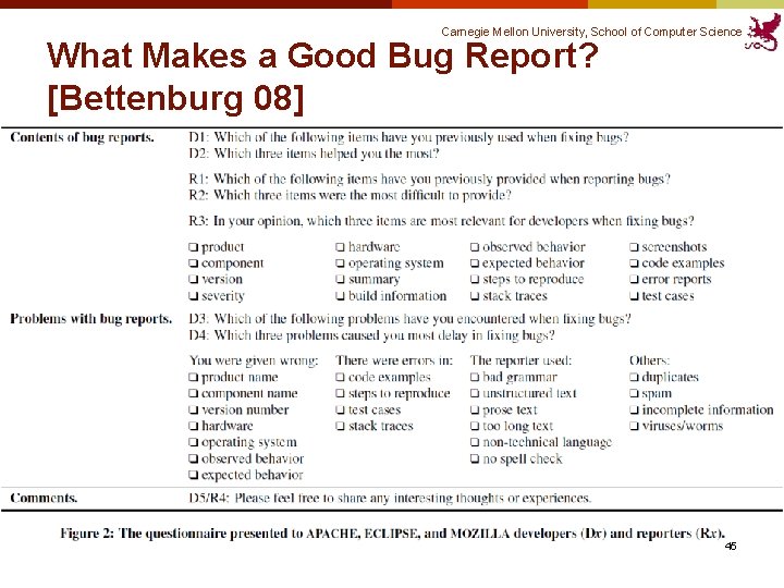 Carnegie Mellon University, School of Computer Science What Makes a Good Bug Report? [Bettenburg