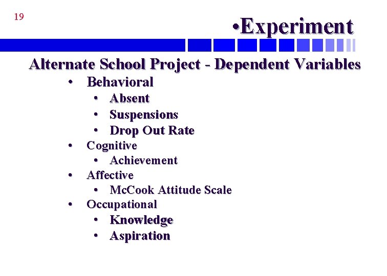 19 • Experiment Alternate School Project - Dependent Variables • Behavioral • • •