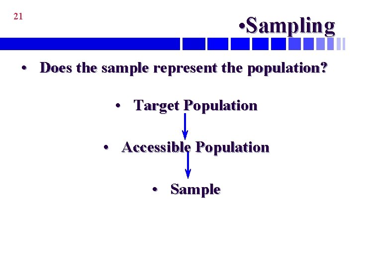 21 • Sampling • Does the sample represent the population? • Target Population •