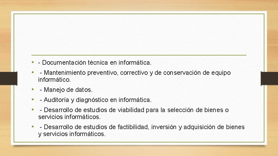  • - Documentación técnica en informática. • - Mantenimiento preventivo, correctivo y de