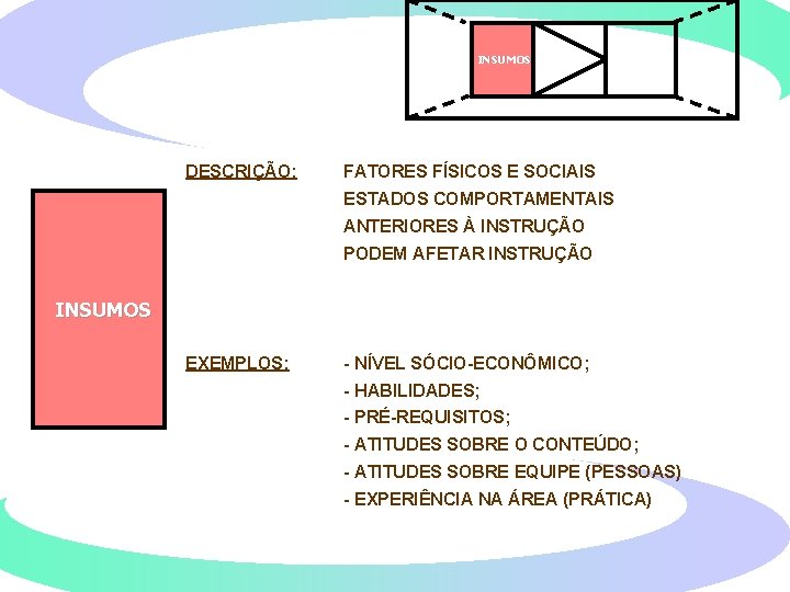 INSUMOS DESCRIÇÃO: FATORES FÍSICOS E SOCIAIS ESTADOS COMPORTAMENTAIS ANTERIORES À INSTRUÇÃO PODEM AFETAR INSTRUÇÃO