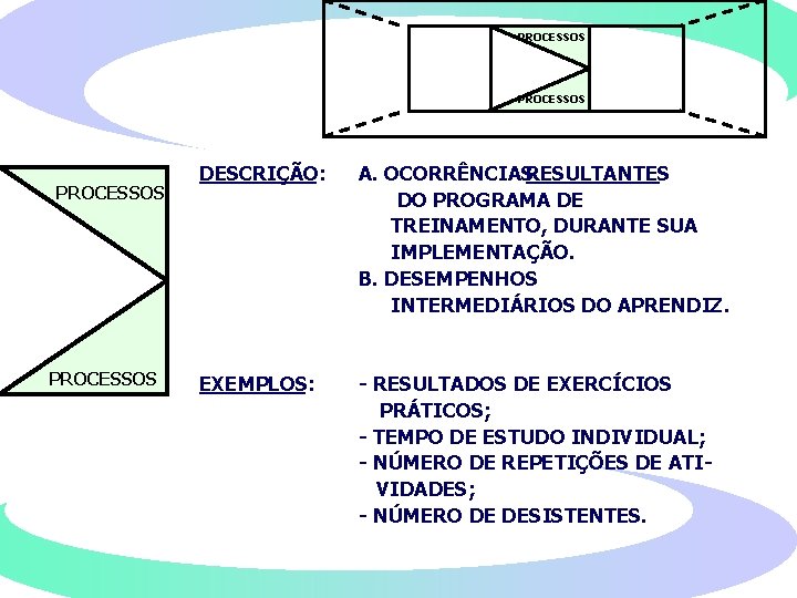 PROCESSOS DESCRIÇÃO: A. OCORRÊNCIAS RESULTANTES DO PROGRAMA DE TREINAMENTO, DURANTE SUA IMPLEMENTAÇÃO. B. DESEMPENHOS