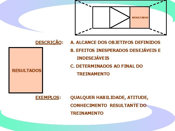 RESULTADOS DESCRIÇÃO: A. ALCANCE DOS OBJETIVOS DEFINIDOS B. EFEITOS INESPERADOS DESEJÁVEIS E INDESEJÁVEIS RESULTADOS