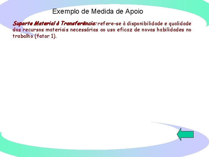 Exemplo de Medida de Apoio Suporte Material à Transferência: refere-se à disponibilidade e qualidade Exemplo de Medida de Apoio Suporte Material à Transferência: refere-se à disponibilidade e qualidade