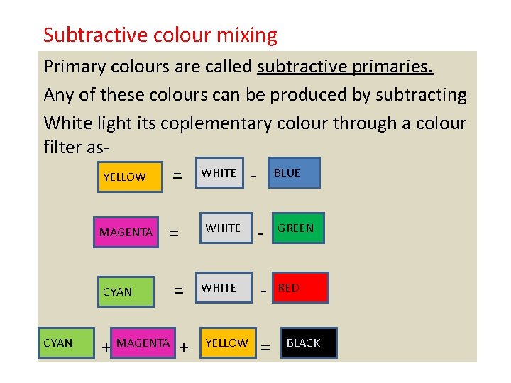 Subtractive colour mixing Primary colours are called subtractive primaries. Any of these colours can