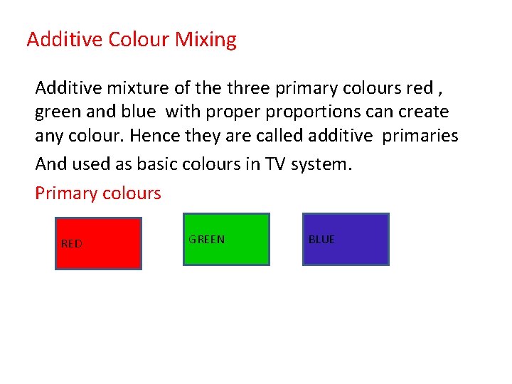 Additive Colour Mixing Additive mixture of the three primary colours red , green and
