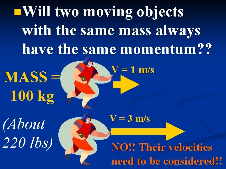 n. Will two moving objects with the same mass always have the same momentum?