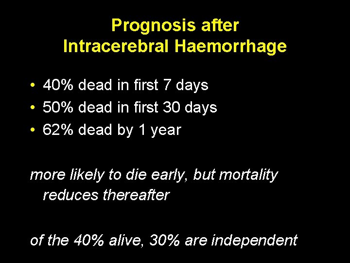 Prognosis after Intracerebral Haemorrhage • 40% dead in first 7 days • 50% dead