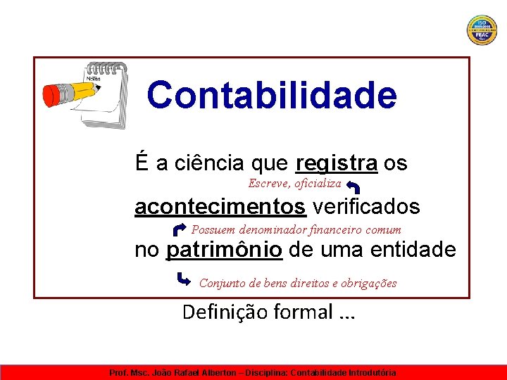 Contabilidade É a ciência que registra os Escreve, oficializa acontecimentos verificados Possuem denominador financeiro