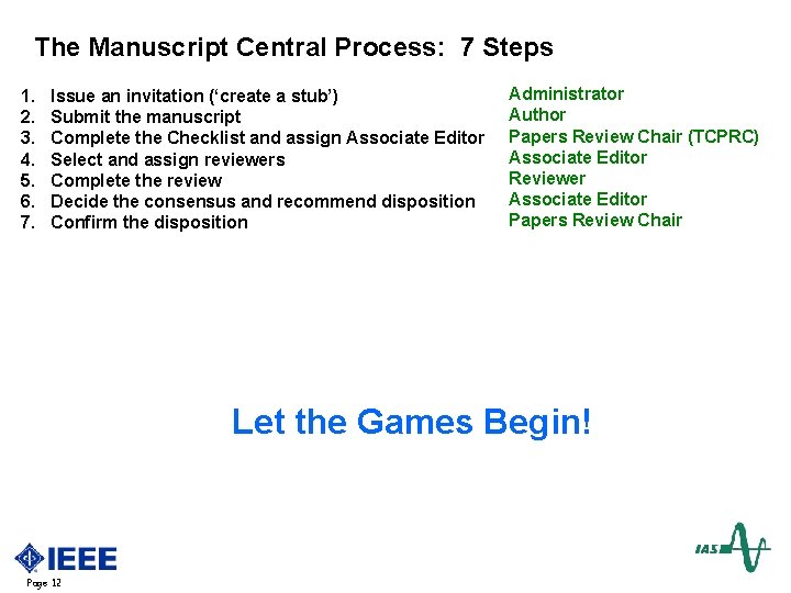 The Manuscript Central Process: 7 Steps 1. 2. 3. 4. 5. 6. 7. Issue