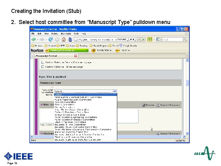 Creating the Invitation (Stub) 2. Select host committee from “Manuscript Type” pulldown menu Page