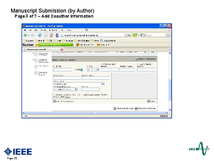 Manuscript Submission (by Author) Page 3 of 7 – Add Coauthor Information Page 30