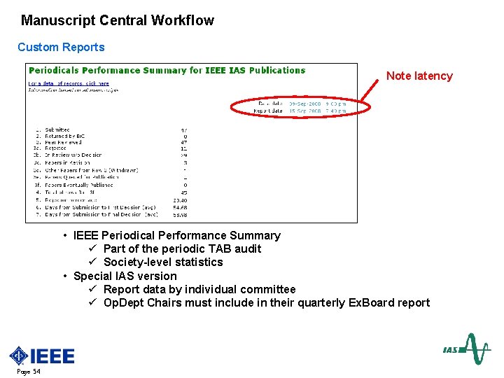 Manuscript Central Workflow Custom Reports Note latency • IEEE Periodical Performance Summary ü Part