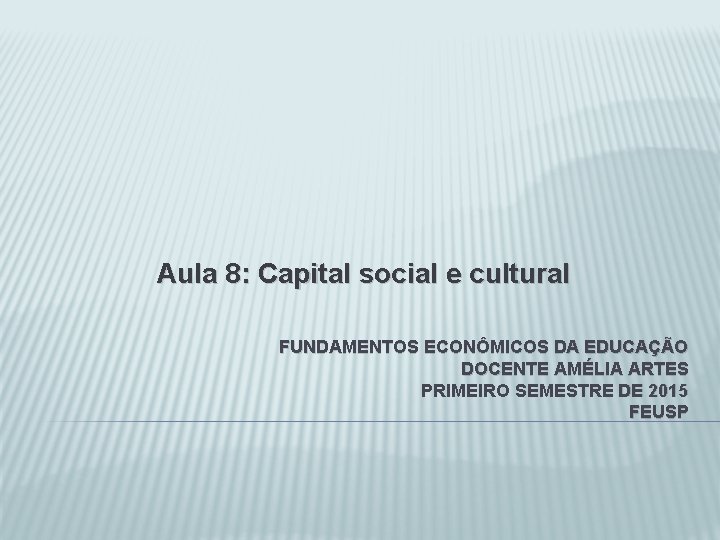 Aula 8: Capital social e cultural FUNDAMENTOS ECONÔMICOS DA EDUCAÇÃO DOCENTE AMÉLIA ARTES PRIMEIRO