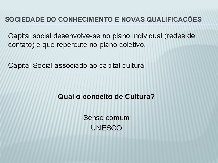 SOCIEDADE DO CONHECIMENTO E NOVAS QUALIFICAÇÕES Capital social desenvolve-se no plano individual (redes de