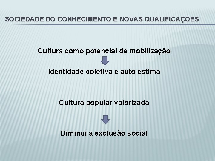 SOCIEDADE DO CONHECIMENTO E NOVAS QUALIFICAÇÕES Cultura como potencial de mobilização identidade coletiva e