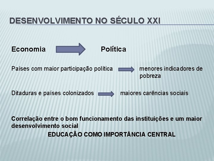 DESENVOLVIMENTO NO SÉCULO XXI Economia Política Países com maior participação política Ditaduras e países