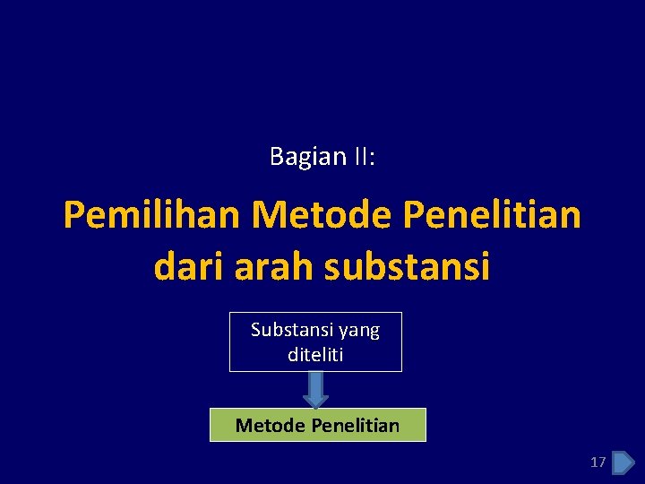 Bagian II: Pemilihan Metode Penelitian dari arah substansi Substansi yang diteliti Metode Penelitian 17