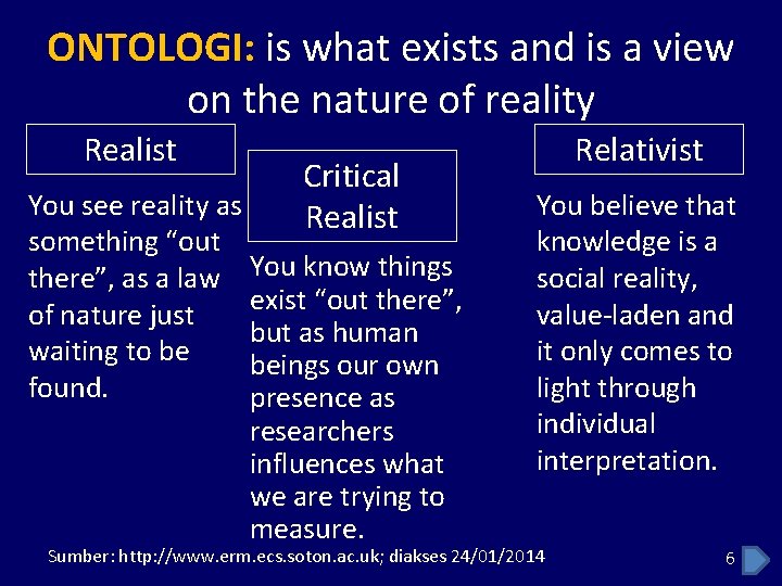 ONTOLOGI: is what exists and is a view on the nature of reality Realist