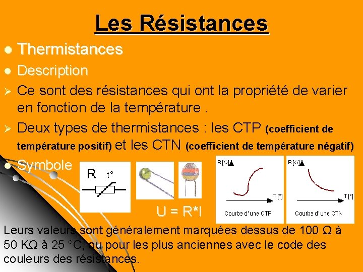 Les Résistances l Thermistances l Description Ce sont des résistances qui ont la propriété