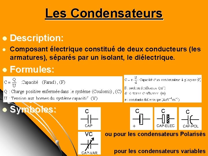 Les Condensateurs l Description: l Composant électrique constitué de deux conducteurs (les armatures), séparés