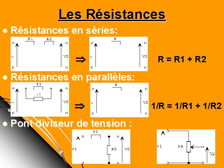 Les Résistances l Résistances en séries: R = R 1 + R 2 l