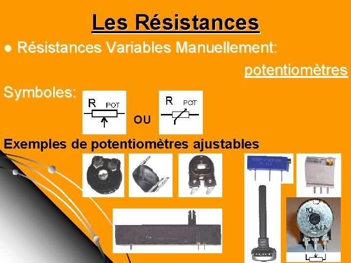 Les Résistances Variables Manuellement: potentiomètres Symboles: l OU Exemples de potentiomètres ajustables 