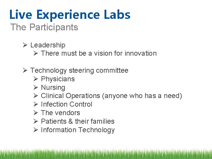Live Experience Labs The Participants Ø Leadership Ø There must be a vision for