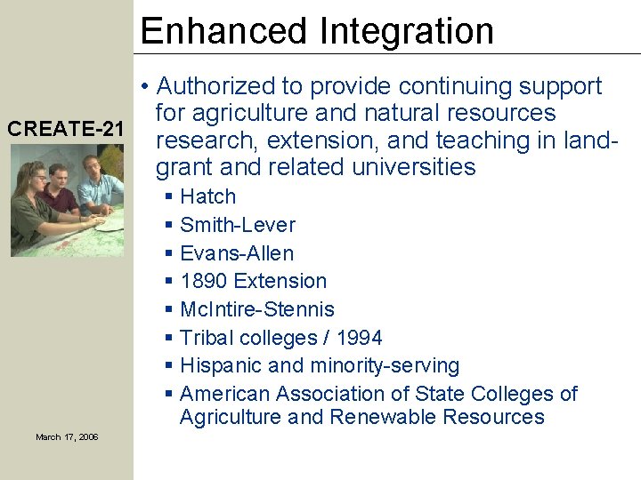 Enhanced Integration • Authorized to provide continuing support for agriculture and natural resources CREATE-21