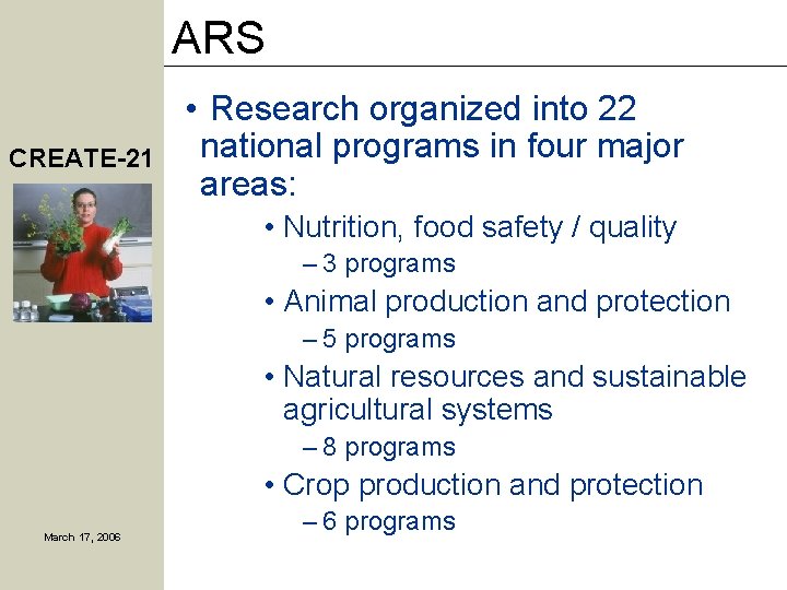 ARS CREATE-21 • Research organized into 22 national programs in four major areas: •