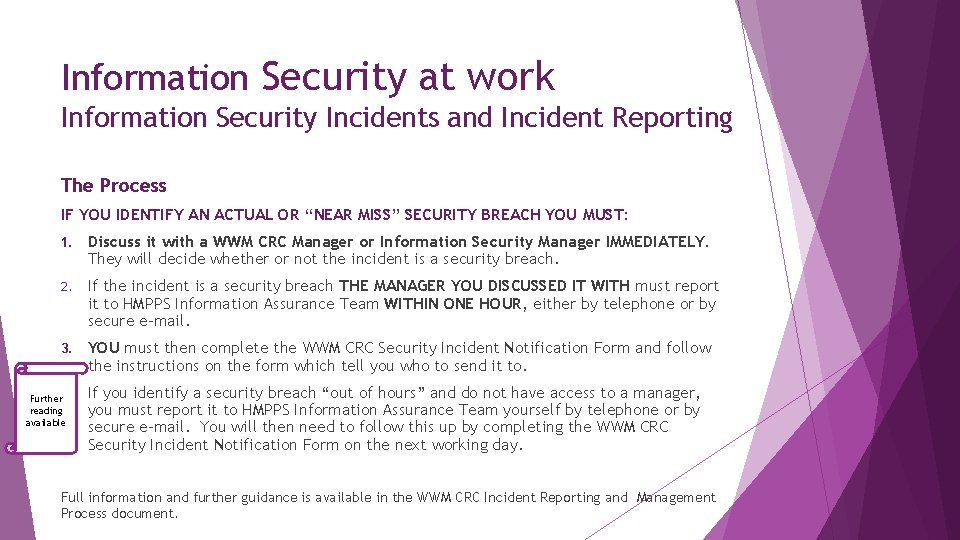 Information Security at work Information Security Incidents and Incident Reporting The Process IF YOU